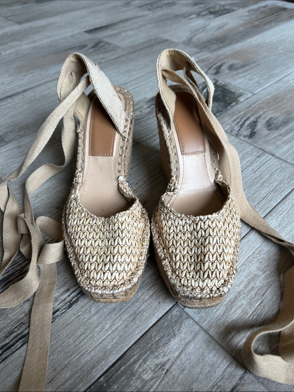 Zara Natural Raffia Wedge Espadrilles Ankle Tie Sandals Size 37